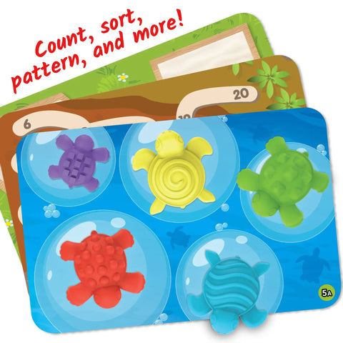 Tactile Turtles Math Activity Set for Toddlers and Preschoolers showing colorful sea turtle counters on activity cards