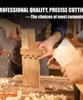 Carpenters using tools to create precise grooves in wood; emphasis on professional quality and craftsmanship in woodworking