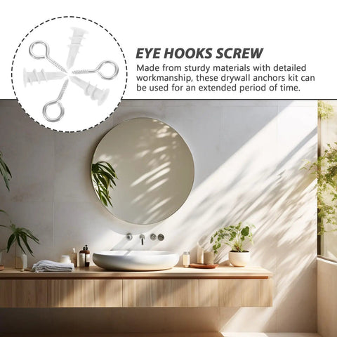 Self Drilling Drywall Anchors And Screws Kit In Nylon And Iron, displayed with bathroom decor and mirror reflection.