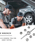 Eight Piece Metric Die Set With Screw Die And Knurled Die Stock Holder For M3 To M12 Threading Rethreading External Thread Cutting And Tapping For Home DIYers And Garage Projects shown with mechanics in a garage.