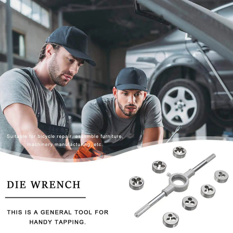 Eight Piece Metric Die Set With Screw Die And Knurled Die Stock Holder For M3 To M12 Threading Rethreading External Thread Cutting And Tapping For Home DIYers And Garage Projects shown with mechanics in a garage.