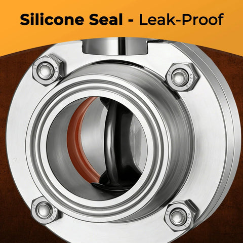Sanitary stainless steel butterfly valve, 1.5 in, tri-clamp ends, pull-handle (front view)