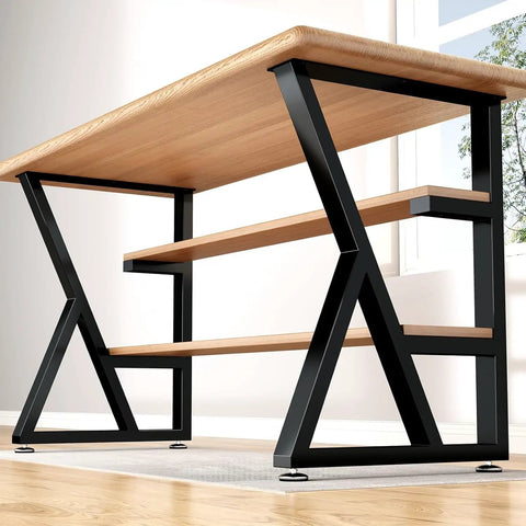 K Shape Beefy Heavy Duty Metal Table Legs Set Of 2, 28 Inches High And 20 Inches Wide, Black Iron With Adjustable Foot Pads, supporting wooden desk