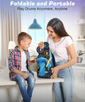 A woman packs a Portable Roll Up Electric Drum Kit With 9 Pads And Dual Stereo Speakers Bluetooth MIDI Practice Ready For Kids And Adults Beginners Includes Pedals Sticks And Headphone Support into a backpack as a child watches.