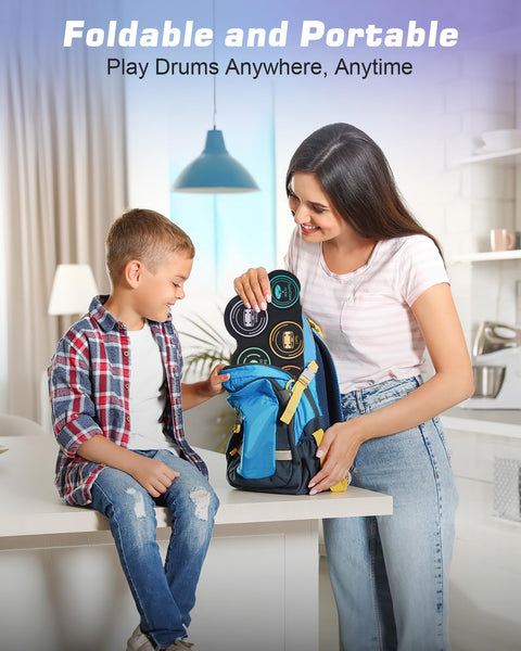 A woman packs a Portable Roll Up Electric Drum Kit With 9 Pads And Dual Stereo Speakers Bluetooth MIDI Practice Ready For Kids And Adults Beginners Includes Pedals Sticks And Headphone Support into a backpack as a child watches.