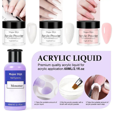 Three Color Acrylic Nail Powder Starter Kit with electric nail drill and UV light, featuring acrylic liquid and powder.