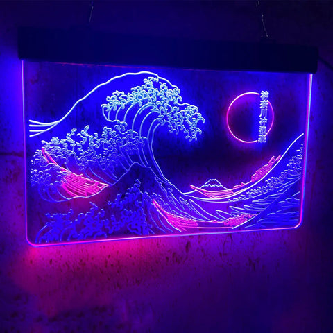 Great Wave Neon Sign Wall Decor LED Light With Lit Blue And White Glow 24 By 16 Inches Handmade Japanese Wave Art