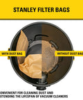 Split view of vacuum with and without Three Pack Filter Bags For Five To Eight Gallon Wet And Dry Vacuums, Heavy Duty Replacement.