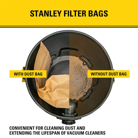 Split view of vacuum with and without Three Pack Filter Bags For Five To Eight Gallon Wet And Dry Vacuums, Heavy Duty Replacement.