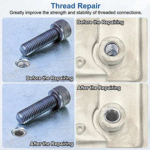 Mechanic Approved 20 Pack M10 X1.5 Metric Wire Thread Inserts Machined From Solid 304 Stainless Steel Helical Coil Sleeves showing repair before and after.
