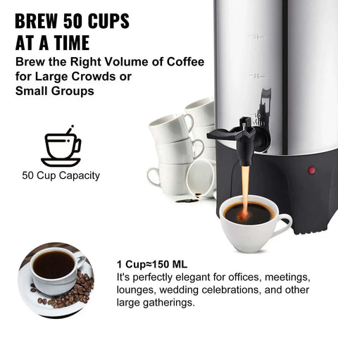 Heavy Duty Coffee Urn 50 Cup 7.5L Stainless Steel Dispenser With Step Discharge Spout For Mess Free Pour, 1000W 110V Electric Brewer