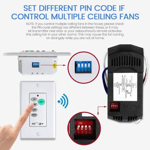 All In One Ceiling Fan Remote Control Kit With Light Dimmer And 3 Speed Control pin settings and wall mount installation guide