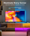 32.8Ft RGB LED Strip Lights For Bedroom With Music Sync lighting up a TV stand with adjustable brightness in a living room setup
