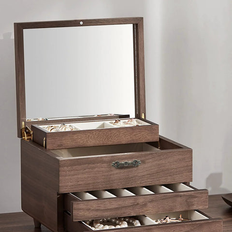 Wooden jewelry box with open mirror and 24 Pcs Vintage 1.68 Inch Drawer Pulls in Bronze Finish Zinc Alloy Cabinet Handles.
