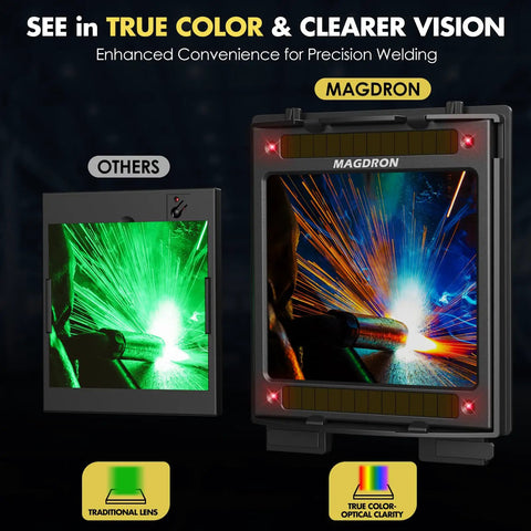 Comparison of traditional lens versus true color optical clarity in welding helmets, highlighting precision vision benefits.