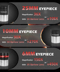 Eyepieces for 90Mm Aperture Refractor Telescope, 25mm, 10mm, 6mm, magnification details with Barlow lens, for adults, kids.