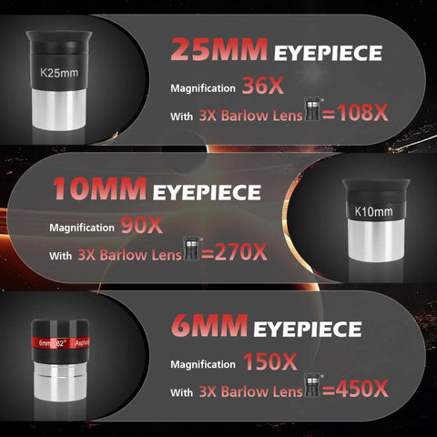 Eyepieces for 90Mm Aperture Refractor Telescope, 25mm, 10mm, 6mm, magnification details with Barlow lens, for adults, kids.