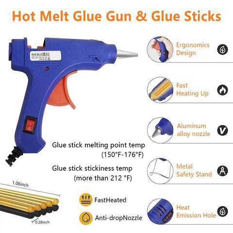 Hot Melt Glue Gun & Glue Sticks, blue ergonomic glue gun with aluminum nozzle and metal stand