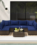 7 Piece Outdoor Wicker Patio Furniture Set for Six With Cushions, 2 Throw Pillows, Sofa Fastener Clips, Rattan Sectional displayed.