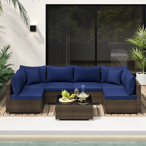 7 Piece Outdoor Wicker Patio Furniture Set for Six With Cushions, 2 Throw Pillows, Sofa Fastener Clips, Rattan Sectional displayed.