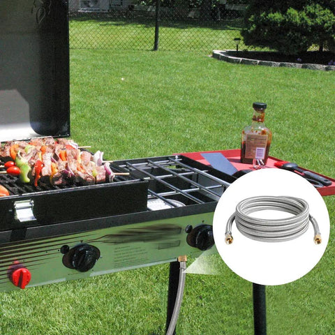 10 Ft High Pressure Propane Extension Hose With Steel Braided Line And 3/8 Flare Fittings Kit near BBQ grill in garden