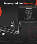 Ford 5.4L SOHC V8 Engine Timing Chain Kit With Tensioner Fits E150 E250 E350 Econoline Expedition F150 F250 F350 Super Duty Replacement Includes Tensioner And Guides For Smooth Operation And Long Life, shown with parts and packaging highlighting features like low noise and high wear resistance.