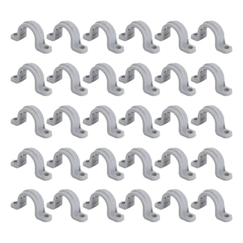 One Inch PVC Conduit Clamp With Two Hole U Bracket Pipe Strap For HVAC Telecommunication Refrigeration And Lighting Durable PVC Mounting Clip Fits Three Quarter Inch Pipe For Easy Quick Fastening shown in a set of 30 pieces