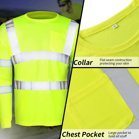 Six Pack XL High Visibility Reflective Long Sleeve Safety Shirts In Yellow Breathable Unisex Work Gear with front pocket detail
