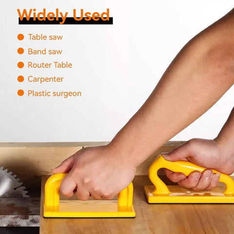 Hands using 2 Pack Push Blocks for Table Saws and Woodworking Angled Handle Push Sticks Sliding Safety Push Blocks for Woodworkers