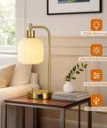 Industrial Touch Control Desk Lamp With Dual USB Ports And Outlet on bedside table, glass shade, metal base, dimmable light