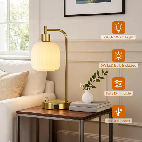 Industrial Touch Control Desk Lamp With Dual USB Ports And Outlet on bedside table, glass shade, metal base, dimmable light