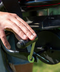 Close-up of Pro Grade Chest Mount Hand Crank Spreader With Even Spread Technology 40 Lb Hopper in operation