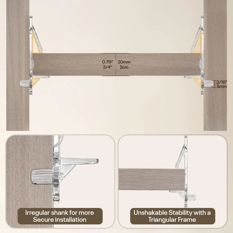 Twenty Piece Clear Cabinet Shelf Pegs With Secure Locking Clips For Three Quarter Inch Thick Shelves No Sweat Installation shown on wood.
