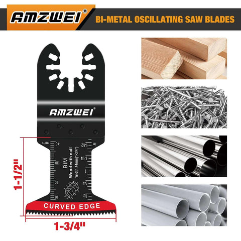 AMZWEI bi-metal oscillating tool blade with curved edge, 1-3/4 in width; front view, 10 pcs; wood, nails, metal, PVC