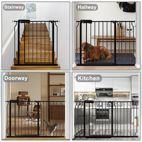 Extra Wide Baby Gate For Doorways 53 To 57.5 Inches Walk Through Pressure Mounted No Drill With Extensions shown in various home settings