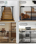 Four images featuring the Extra Wide Baby Gate 62 To 67 Inch Walk Through Pressure Mounted No Drill Doorway Gate 30 Inch Tall Tension Gate With Swing Door For Easy Pass Through Great For Kids And Pets Adjustable Extension Panels at stairway, hallway, doorway, and kitchen locations.