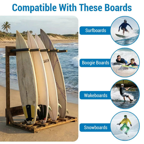 Rustic Burnt Wood Freestanding Surfboard Rack, 4 Foot Tall Vertical Stand For Indoor Storage, Holds Four Boards Including Surfboard Wakeboard SUP And Paddleboard, Sweet Garage Beach House Display And Organization