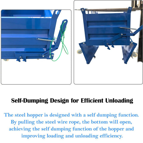 Heavy Duty 2200 Lb Self Dumping Hopper For Forklift And Manual Operation Rock Solid Steel Frame showing self-dumping feature and rope.