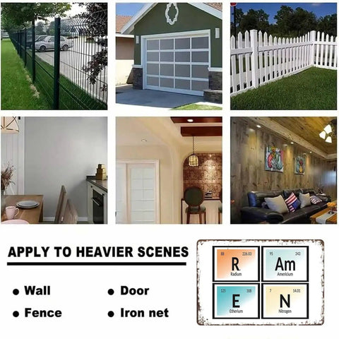 Collage with fences, garage, interior walls and Dope Funny Vintage Metal Sign Ramen Table Of Elements Tin Sign 8x12 Inch
