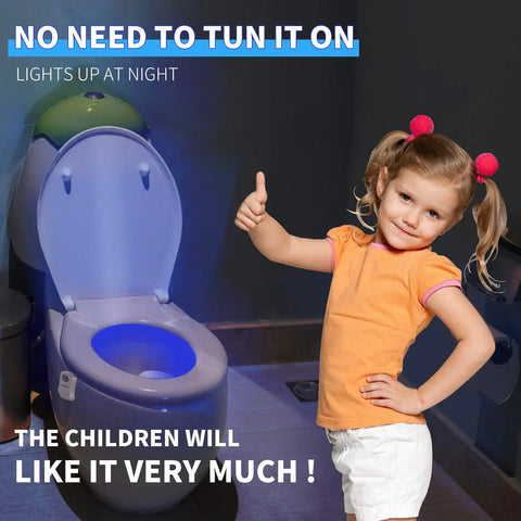 Child in bathroom with Motion Activated Toilet Night Light With 8 Color LED For Bathroom Decor And Kid Friendly Rooms Two Pack Automatic Sensor Nightlight That Only Turns On In The Dark.