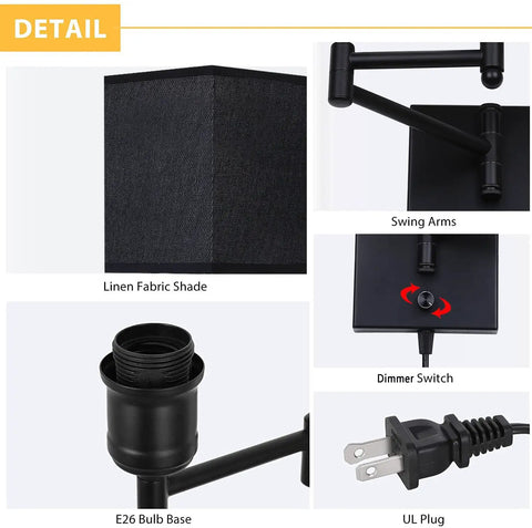 Detail view of Set Of 2 Plug In Wall Lamps With Swing Arm Sconces, Dimmable Corded Lights, showing black fabric shade and dimmer switch.