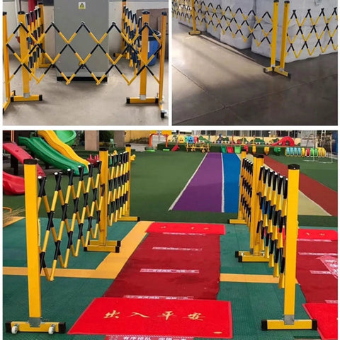 Heavy Duty Expandable Traffic Barricade Gate With Snappy Pull Handles And Neon Reflective Tabs For Roadwork Garages And Driveways locks down securely in various settings.