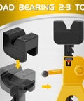 TONDA rubber jack stand pads (2-pack) with textured top, shown as stacked adapters beside a yellow floor jack.
