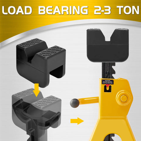 TONDA rubber jack stand pads (2-pack) with textured top, shown as stacked adapters beside a yellow floor jack.