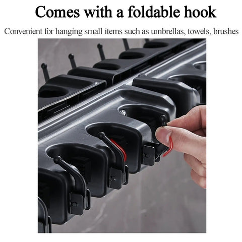 Close-up of foldable hooks on a Floor Standing Mop And Broom Organizer Rack With Foldable Hooks Wet Mop Holder Cleaning Tool Cart Heavy Duty Utility Storage