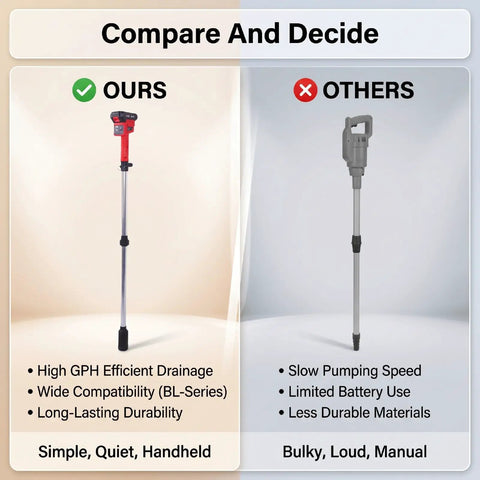 Heavy Duty Cordless Stick Transfer Pump With 720 GPH Flow For Diesel Gas And Water Use comparison of pump features.