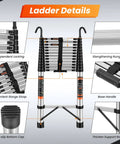 Heavy Duty Telescoping Ladder Sixteen And A Half Foot Extension With Hooks, Collapsible Three Hundred Thirty Pound Max Capacity, ladder details