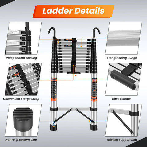 Heavy Duty Telescoping Ladder Sixteen And A Half Foot Extension With Hooks, Collapsible Three Hundred Thirty Pound Max Capacity, ladder details