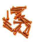 20 Pcs M3x16mm Socket Head Cap Screws In 6063 Aluminum With Hex Socket And Anodized Orange Finish Tinker Friendly For RC Drones Quadcopters And Other Hobby Projects Lightweight Strong Reliable Hardware For Precise Fit And Easy Assembly scattered on white background