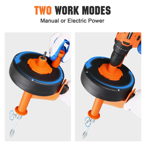 25 Foot Heavy Duty Drain Auger And Plumbing Snake With Drill Adapter showcasing manual and electric operation modes.